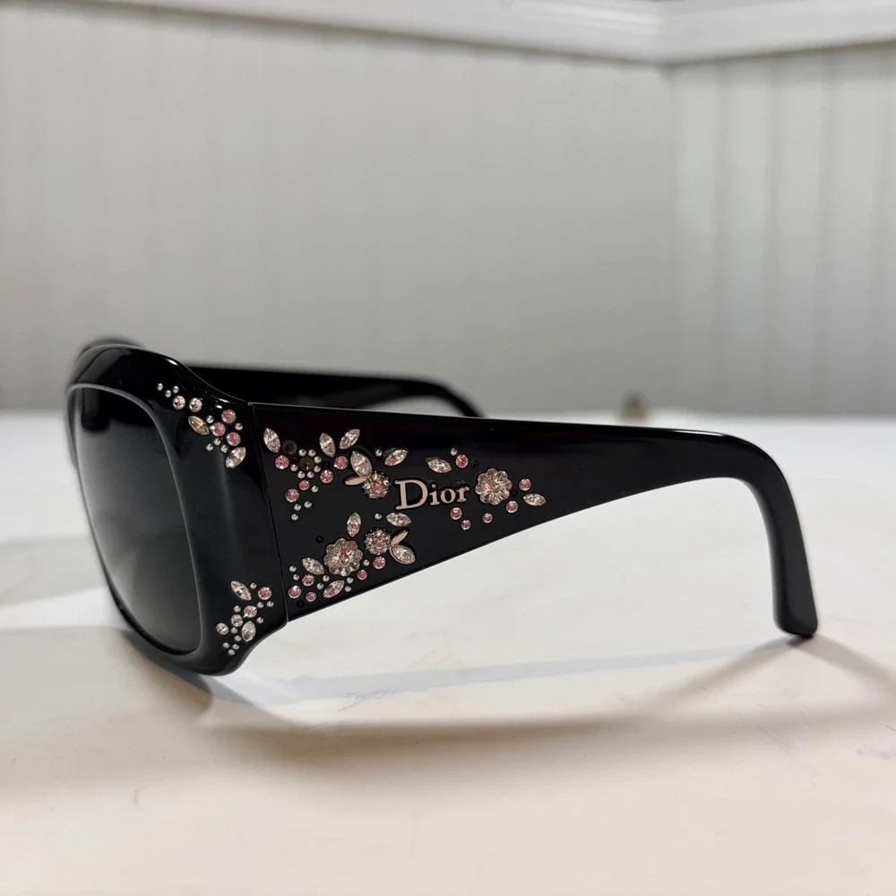 Christian Dior Sunglasses OS Black Crystal Floral Embellished Square Italy V2K